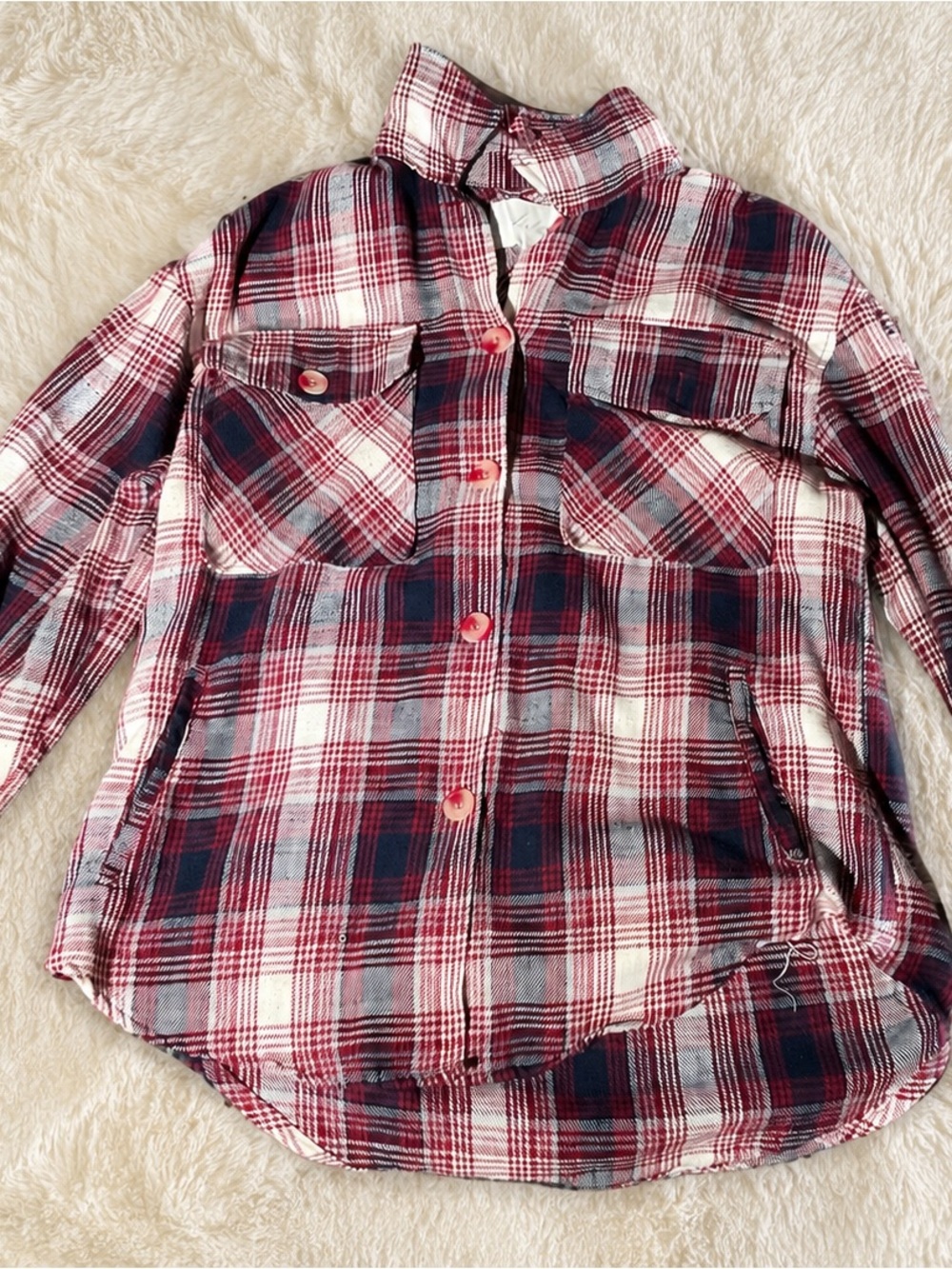 Ashley By 26 International Red, Navy and Cream Plaid Button-Front Shirt
